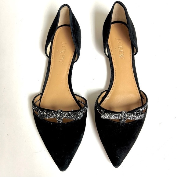 J. CREW BLACK SUEDE POINTED TOE D'ORSEY FLATS GLITTER BOW ACCENT women’s 6M - Picture 1 of 9